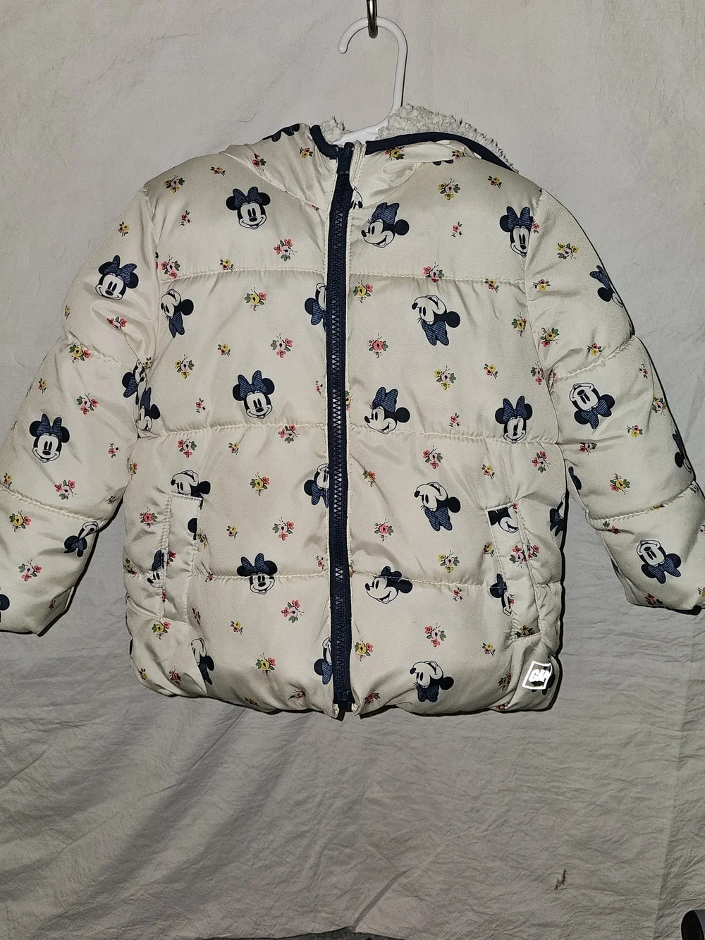 GAP White Puffer Jacket with Navy Mickey Print